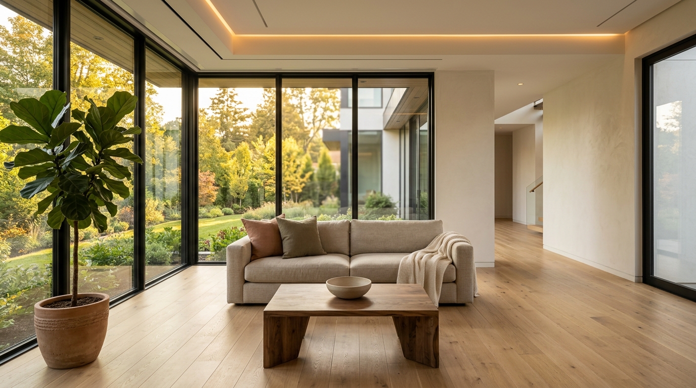 Editorial listing photograph of a modern living room at golden hour